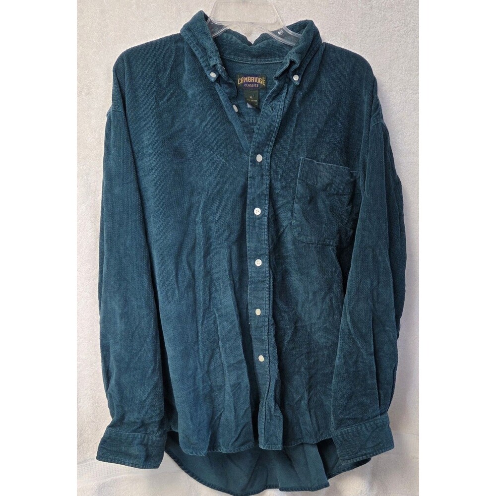 VTG 90s Cambridge Classics Teal Corduroy Shirt Mens XL Long Sleeve Curved Hem